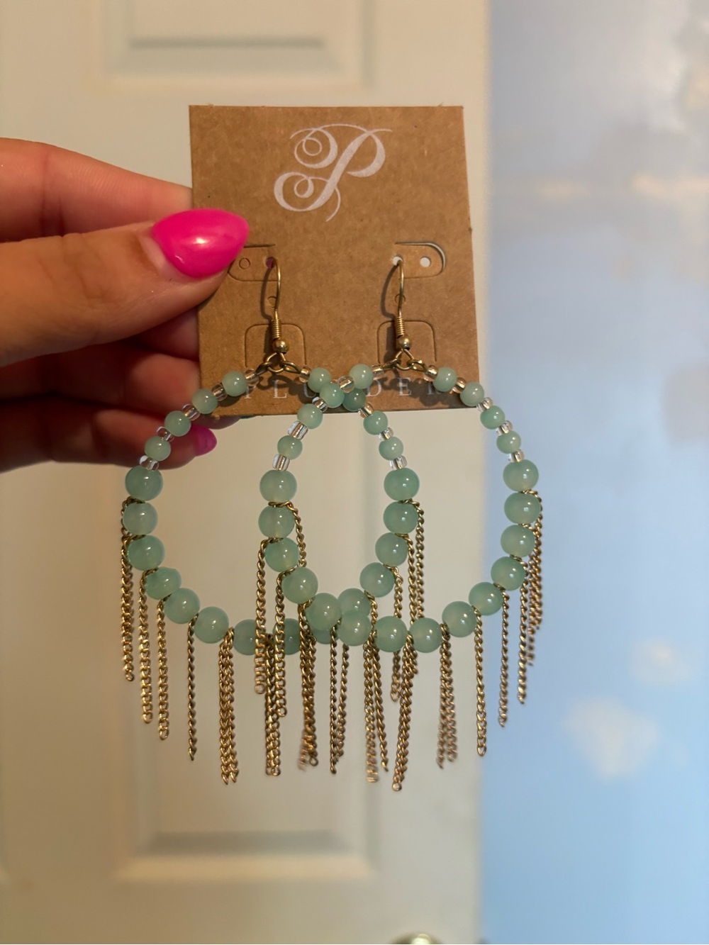 Plunder Light Aqua/Seafoam Green Large Hoop Gold Dangle Earrings